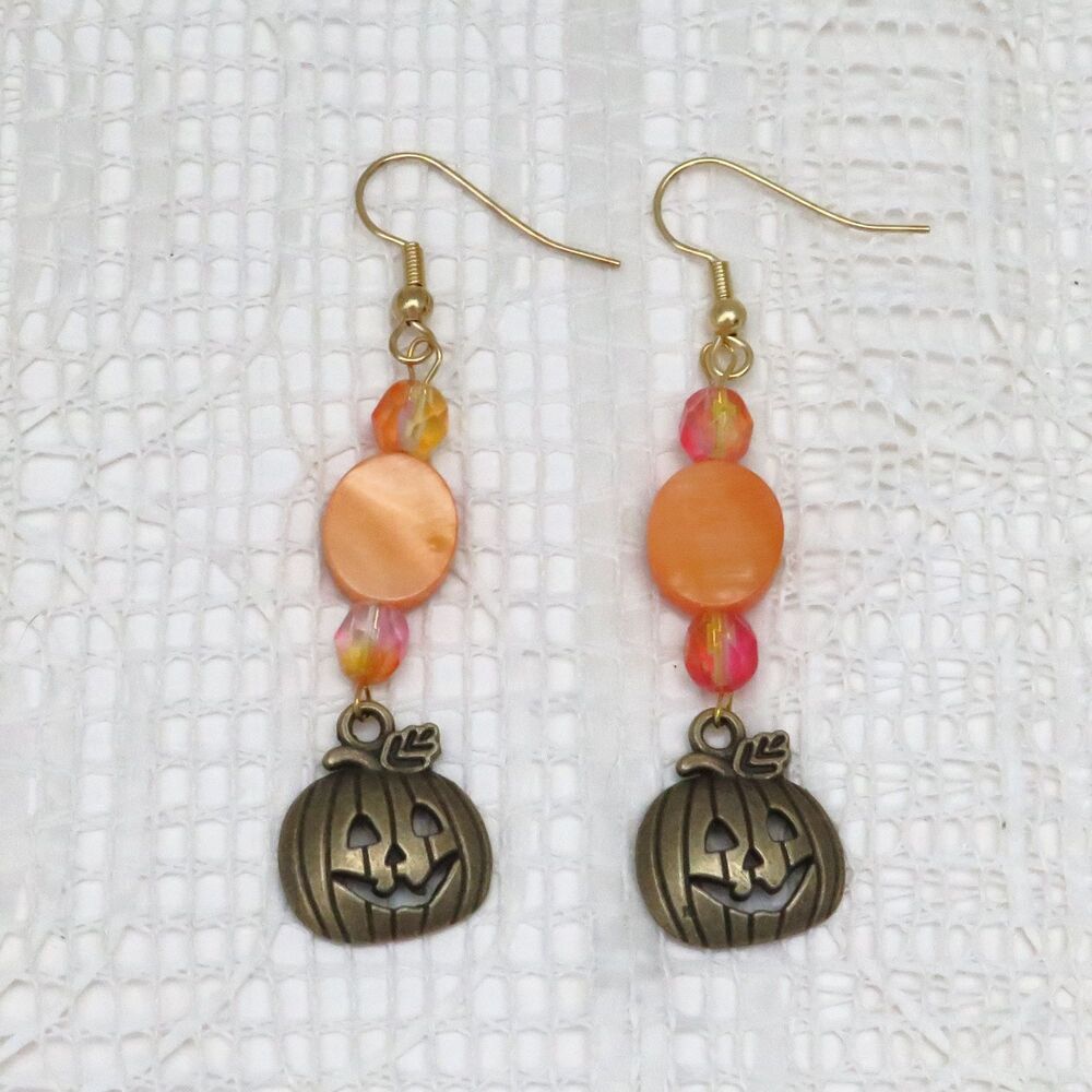 Handmade Halloween Dangle Earrings with Bronze Pumpkins & Orange Beads for Women